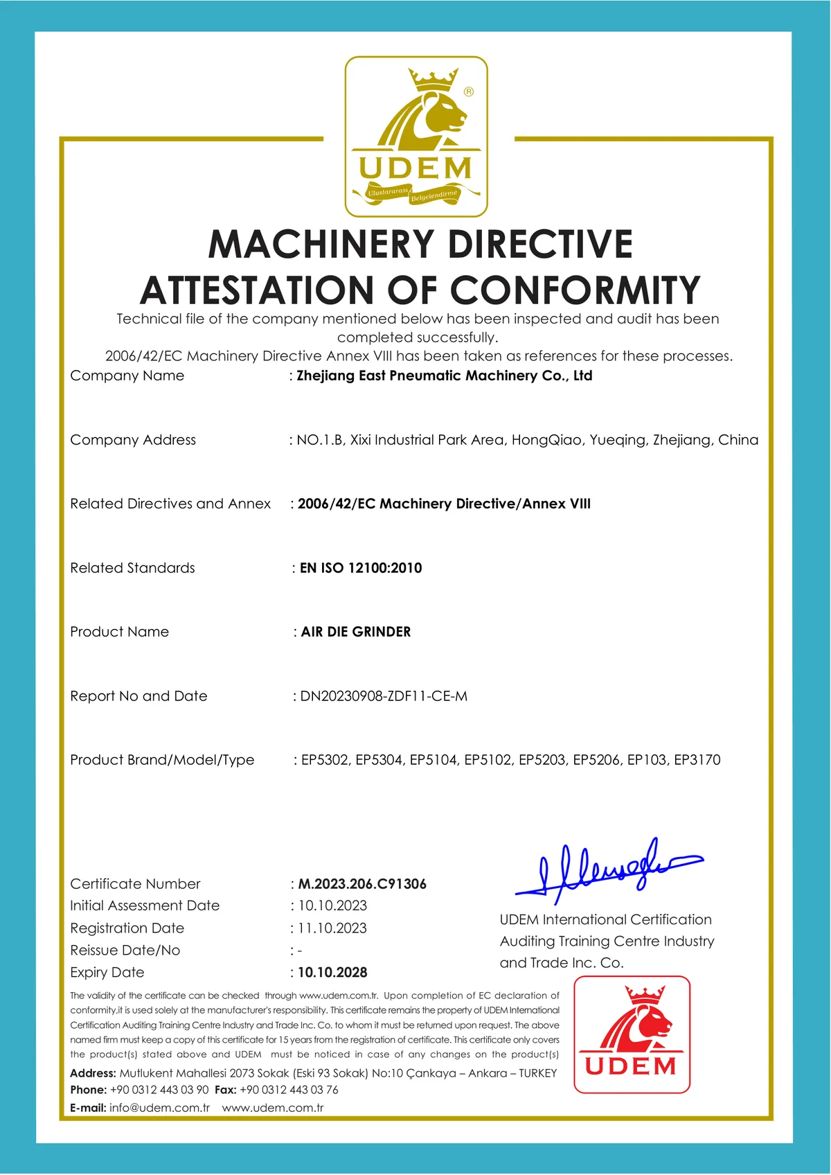 CE Machinery attestation for air die grinders