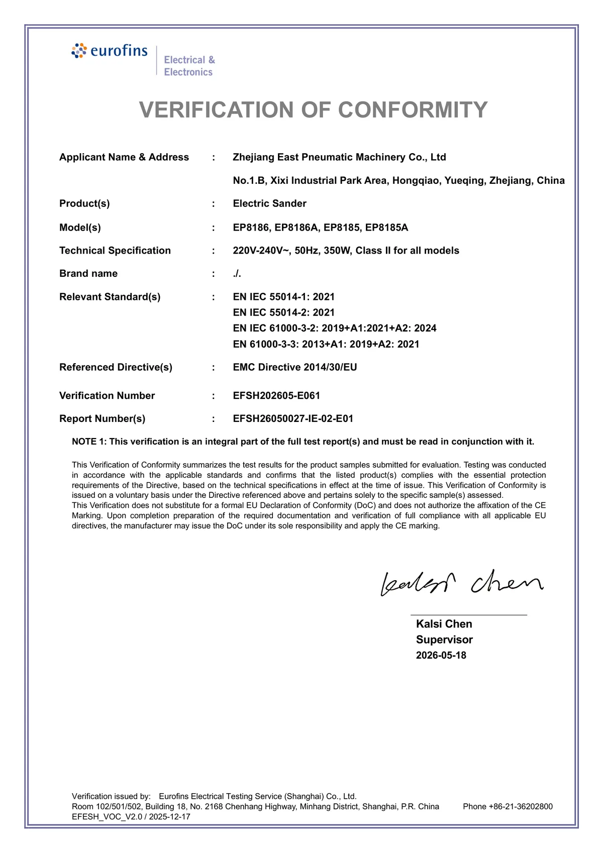 CE EMC verification for electric sanders