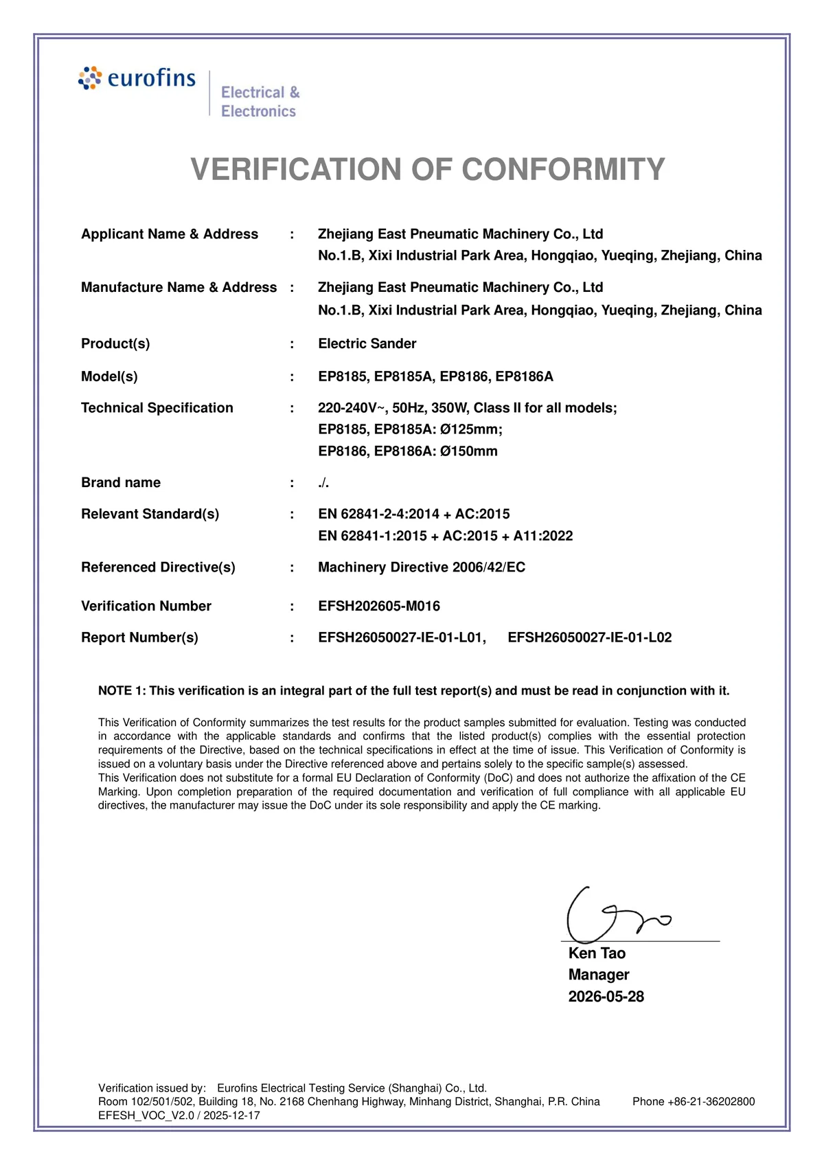 CE Machinery Directive certificate for East Pneumatic electric sanders