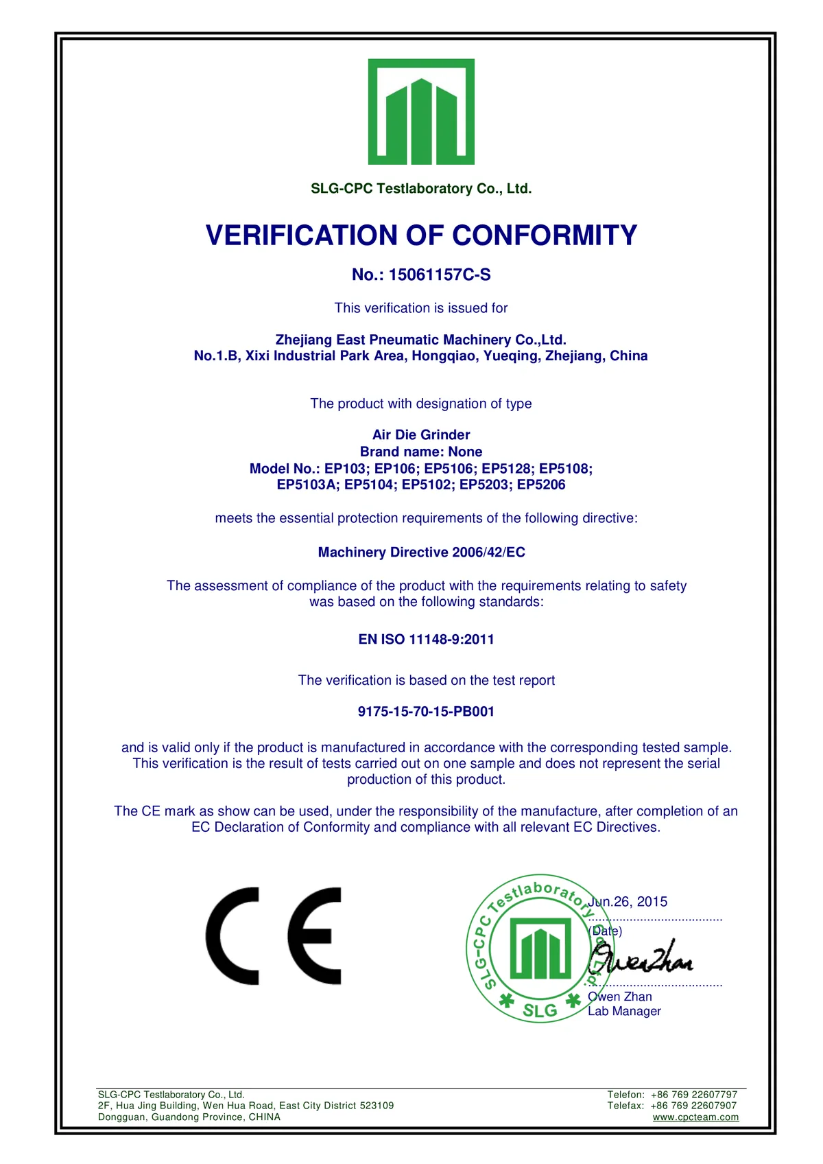 CE Machinery verification for air die grinders