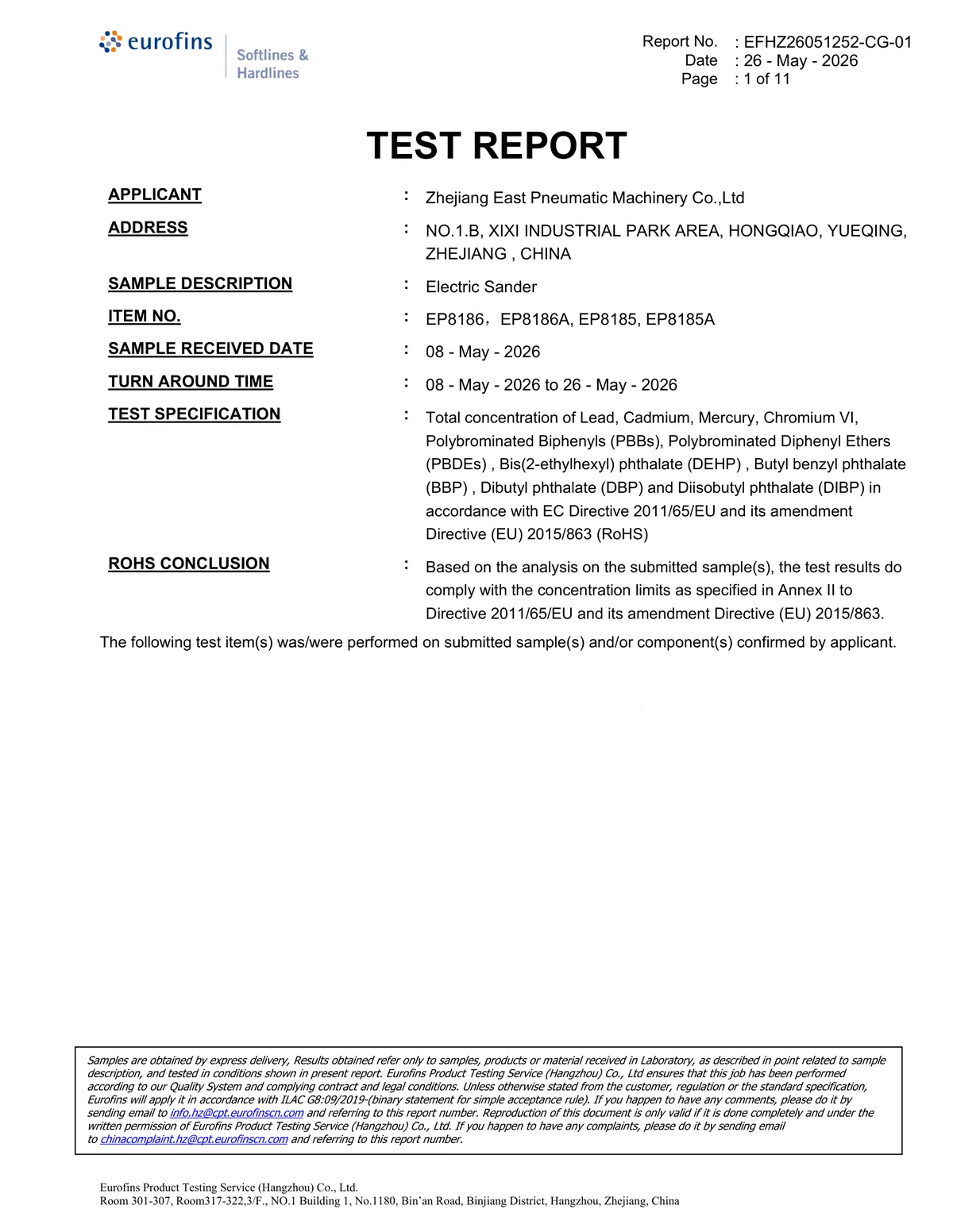 RoHS test report for electric sanders