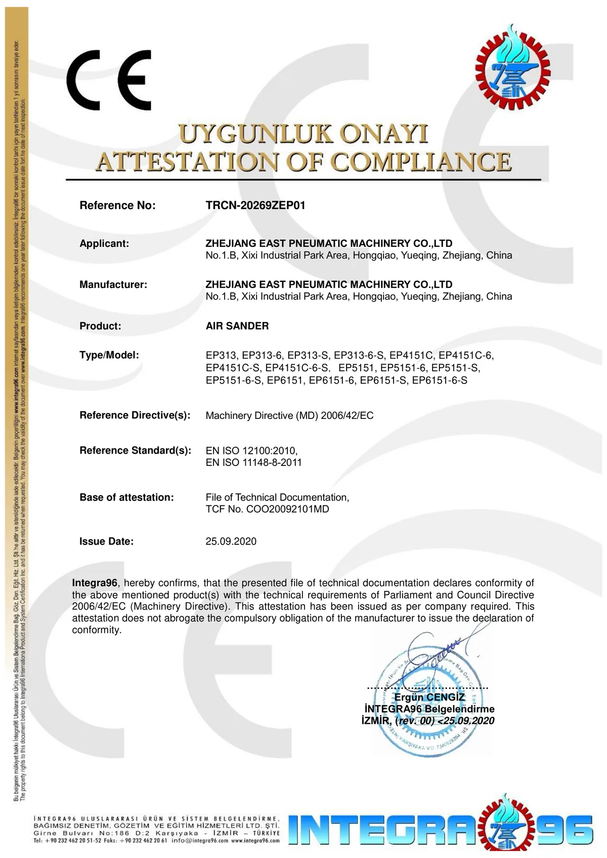 CE Machinery attestation for air sanders